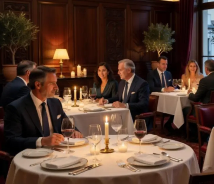 Sala de jantar elegante com mesas preparadas e ambiente intimista.