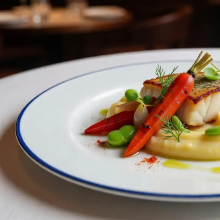 Prato gourmet de autor, com apresentação elegante e detalhes minuciosos.