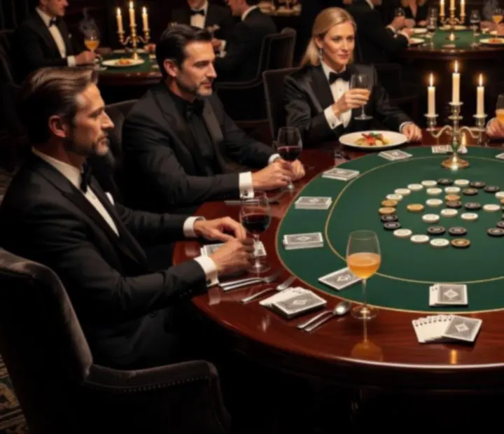Mesa de poker elegante iluminada por velas, preparada para uma noite de entretenimento refinado.