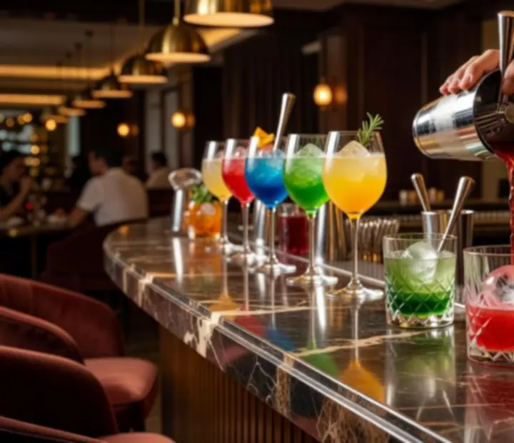 Cocktails artesanais coloridos servidos num bar de ambiente sofisticado.