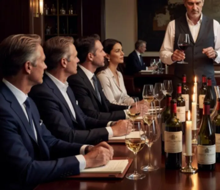 Mesa de degustação com vários copos de vinho alinhados, ambiente elegante e luz suave.