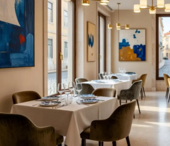 Interior elegante do restaurante com ambiente intimista e iluminação suave.