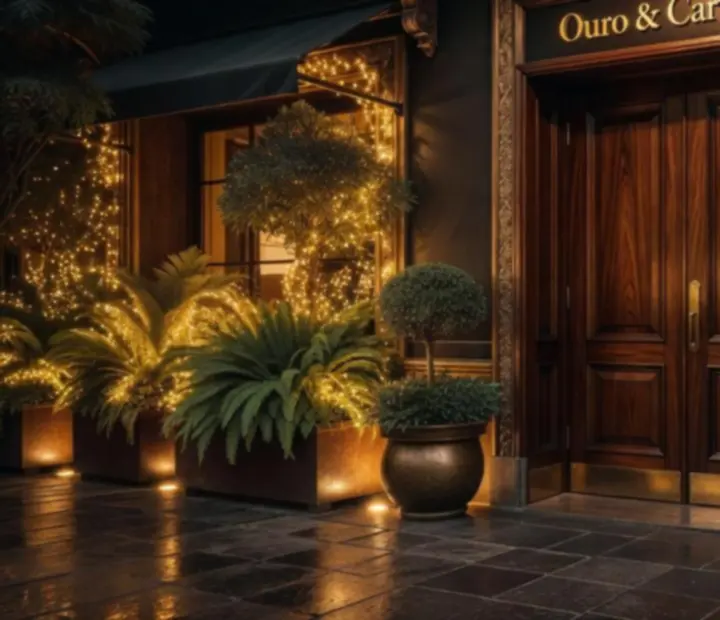Entrada do restaurante à noite com iluminação sofisticada e atmosfera acolhedora.