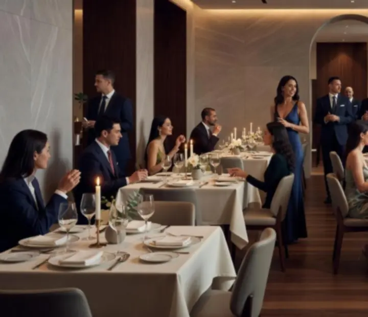Ambiente de evento exclusivo com mesa elegantemente preparada
