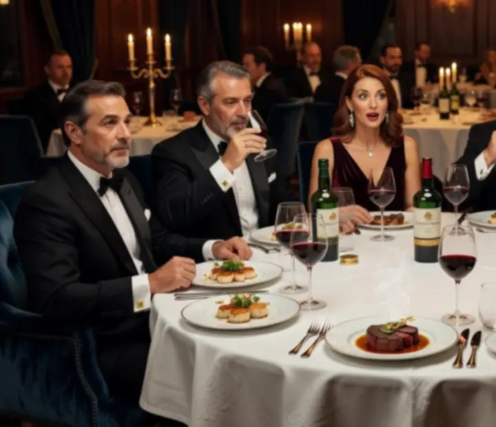 Convidados elegantes a desfrutar de jantar gourmet próximo de uma mesa de poker preparada.
