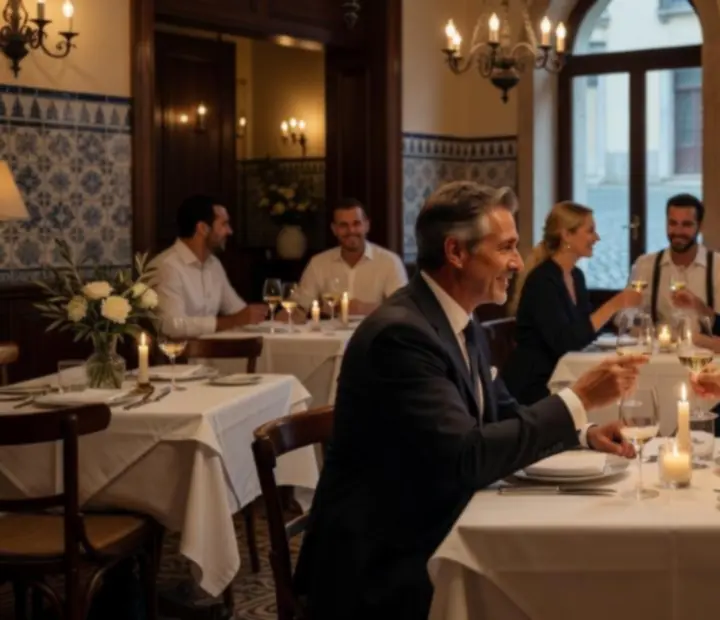 Fotografia de convidados a brindar num jantar elegante à luz de velas.