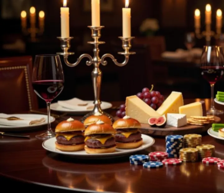 Mesa elegante com menu especial e fichas simbólicas preparadas para uma noite de poker offline como entretenimento.