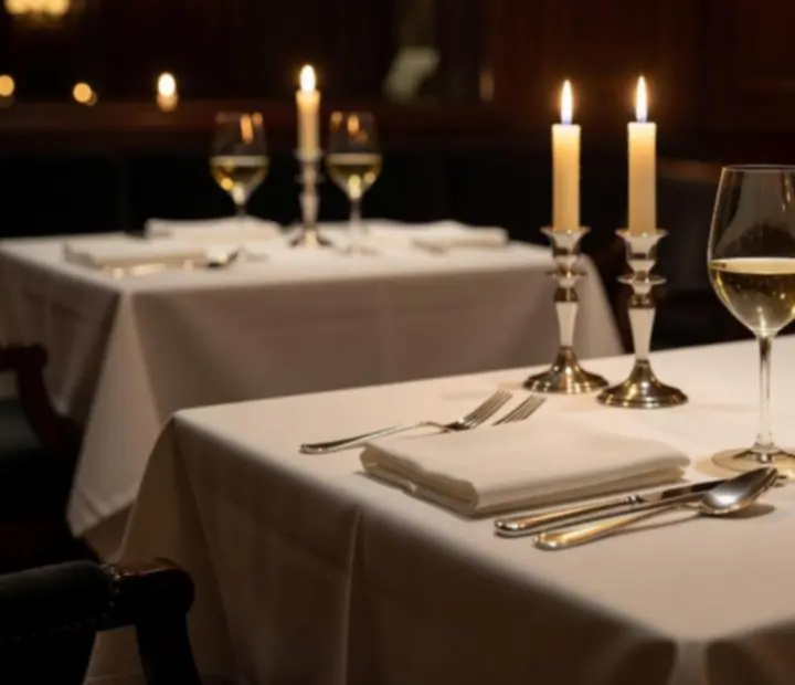 Mesa com velas, loiça de autor e cartas decorativas preparada para um jantar sofisticado.