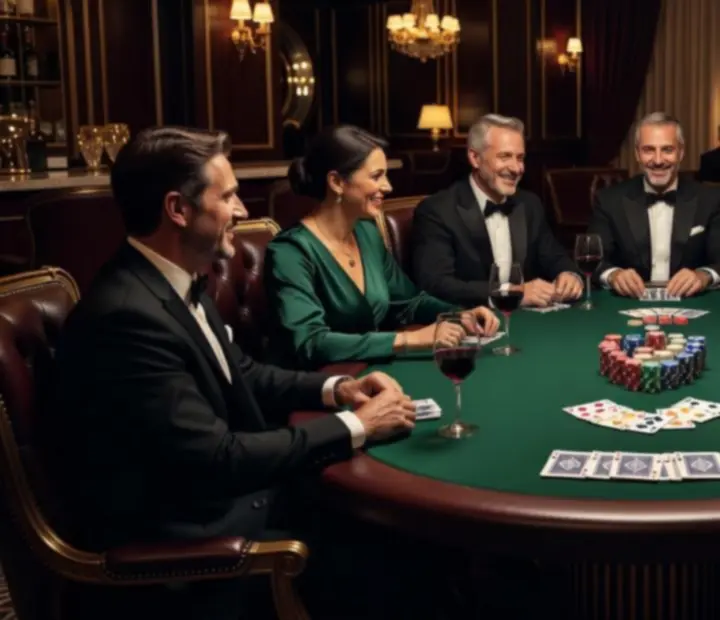 Mesa de poker elegante com fichas organizadas num ambiente de restaurante.