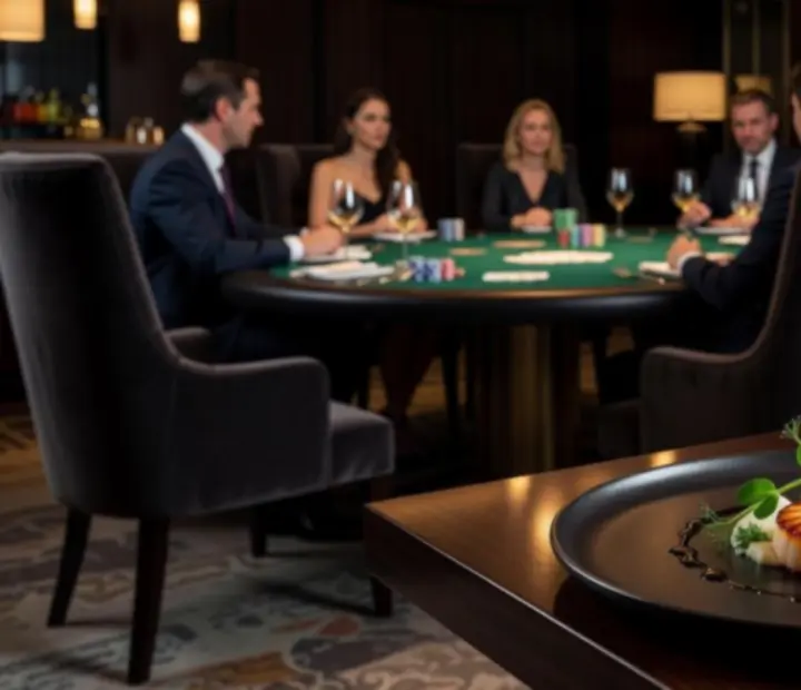 Pratos gourmet e cocktails servidos próximo de uma mesa de poker offline.