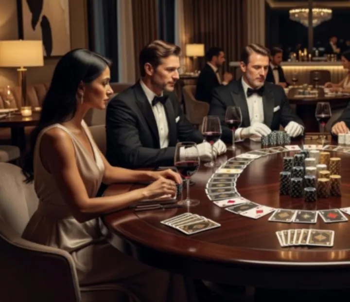 Mesa de poker elegante preparada com fichas simbólicas e iluminação suave.