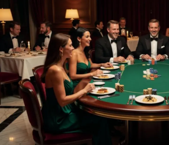 Mesa de poker elegante com fichas simbólicas e iluminação intimista.