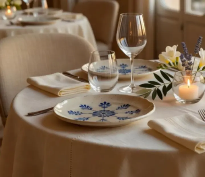 Detalhe de design do interior do restaurante com mesa posta de forma elegante.