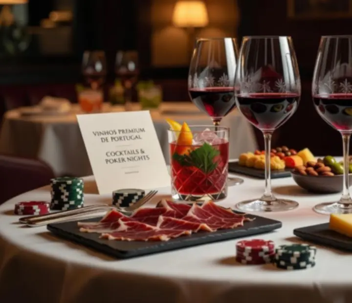 Copos de vinho e cocktails artesanais dispostos numa mesa de restaurante elegante.