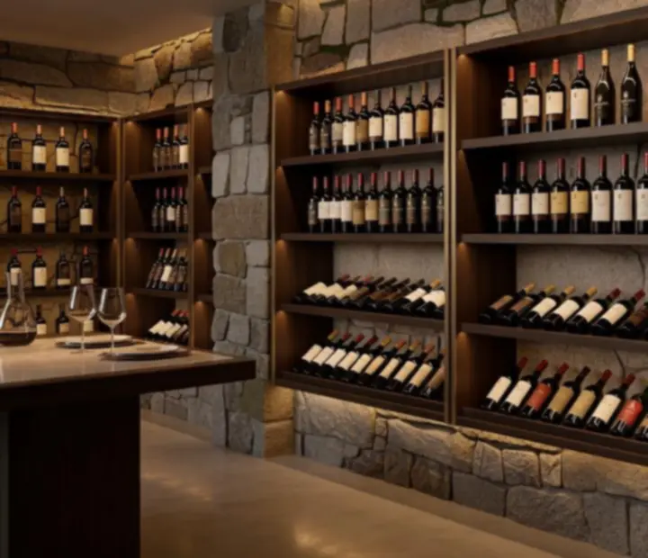Garrafeira elegante com garrafas de vinho portuguesas organizadas em prateleiras de madeira.